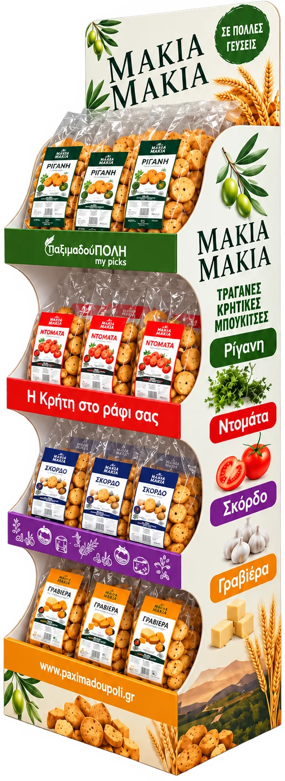 Makia Makia display stand with four shelves: oregano, tomato, garlic, graviera